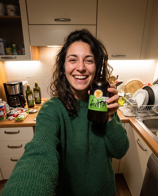 Selfie in cucina con una bottiglia di Giulipa
