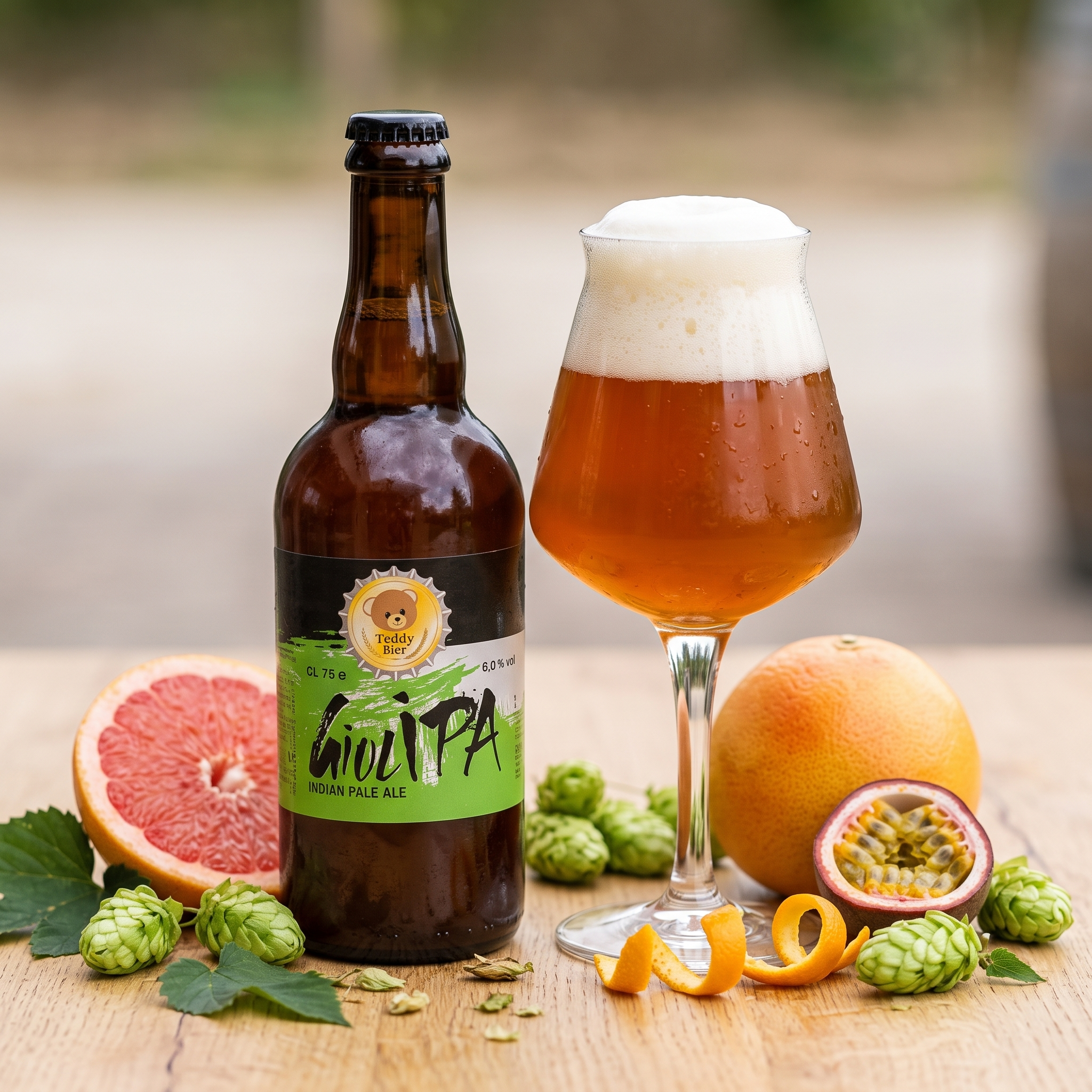 Giulipa IPA: bottiglia e bicchiere con luppolo, pompelmo e agrumi