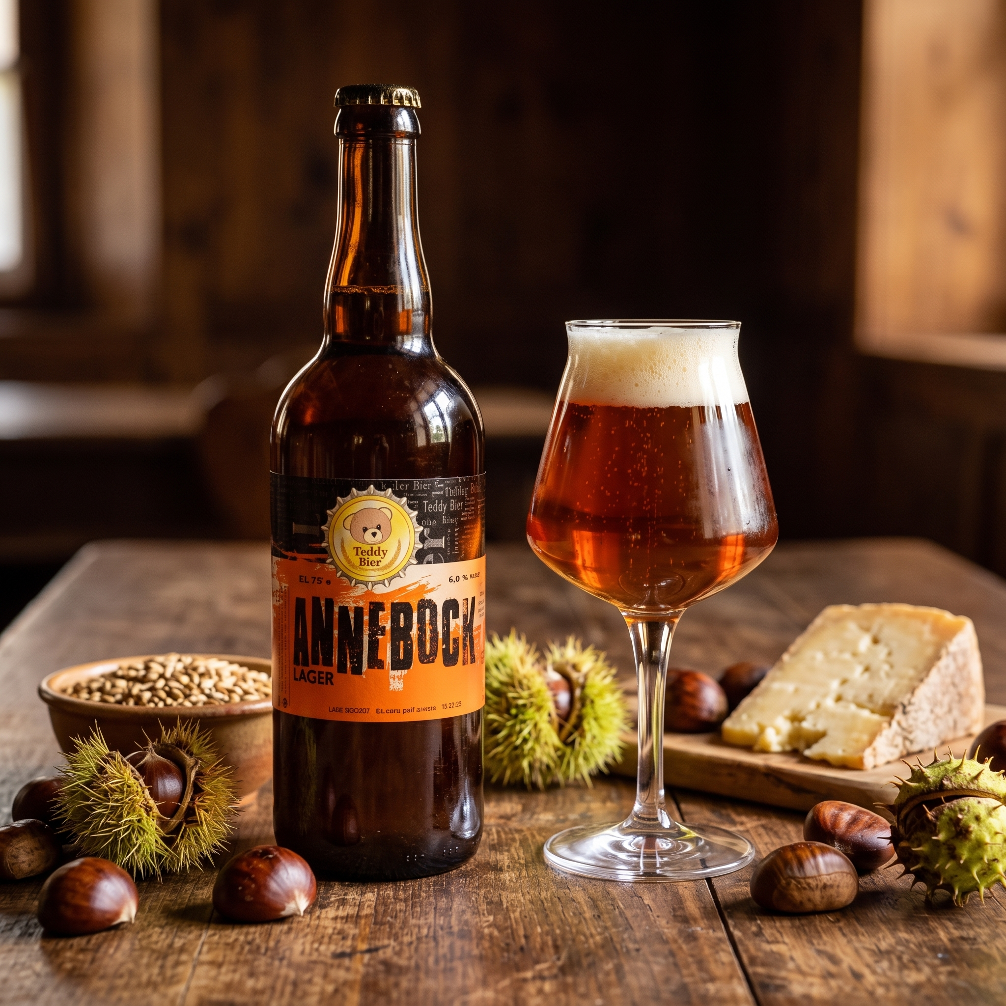 Annebock Lager Bock: bottiglia e bicchiere con castagne e formaggio stagionato