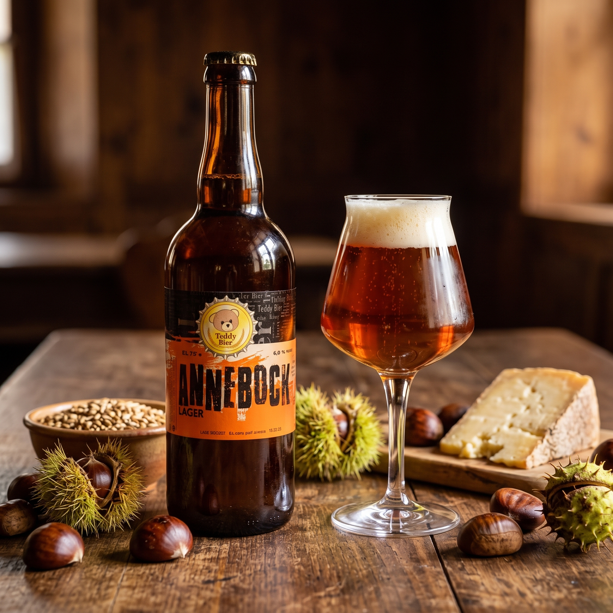 Annebock Lager Bock: bottiglia e bicchiere con castagne e formaggio stagionato