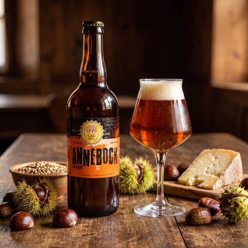 Annebock Lager Bock: bottiglia e bicchiere con castagne e formaggio stagionato
