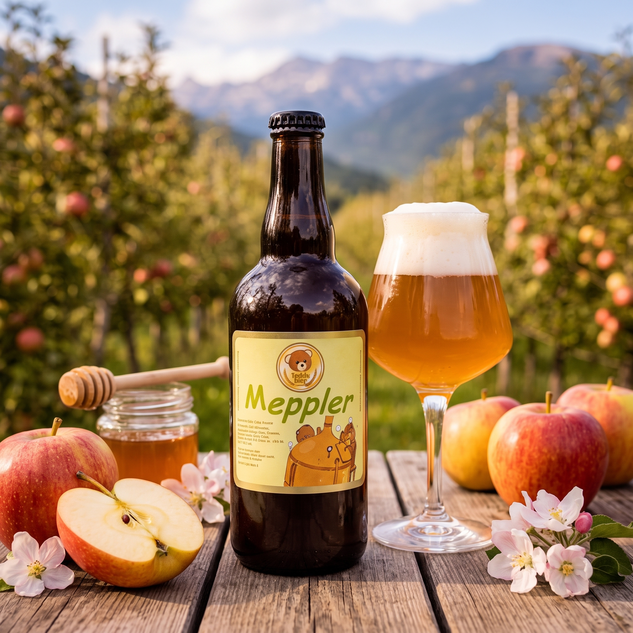 Meppler Golden Ale: bottiglia e bicchiere con mele del Trentino e miele