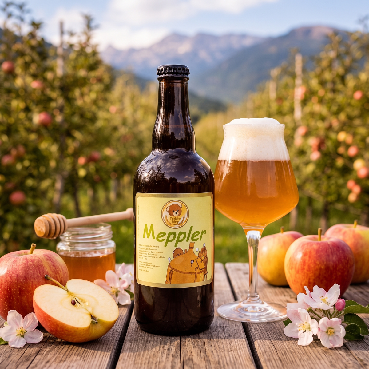 Meppler Golden Ale: bottiglia e bicchiere con mele del Trentino e miele