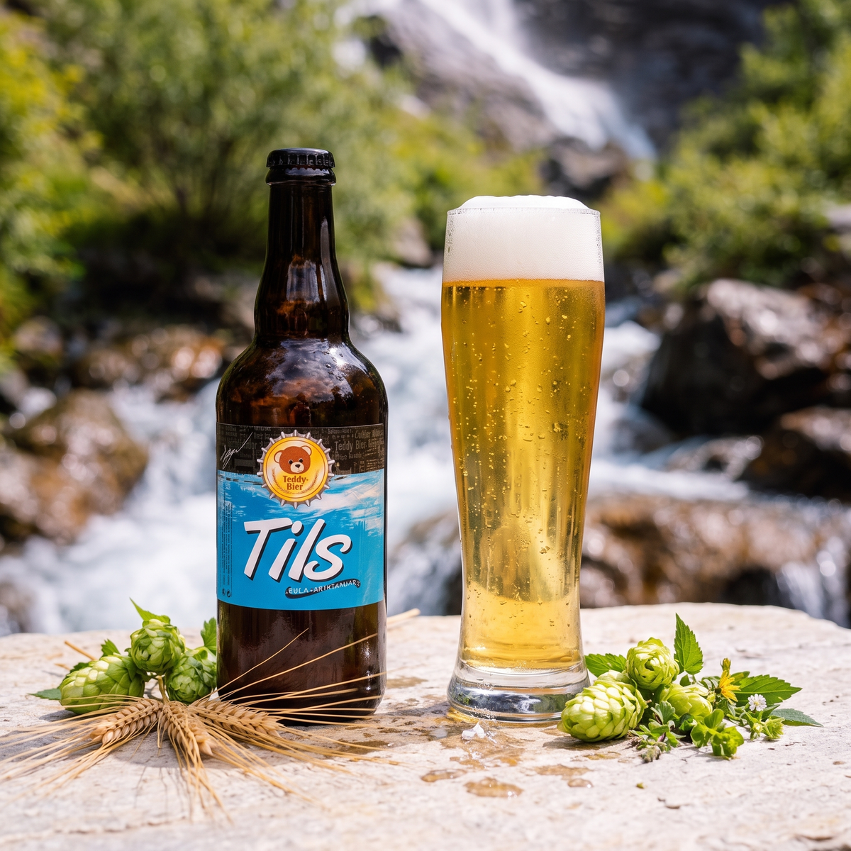 Tils Lager Pils: bottiglia e bicchiere con luppolo Saaz e acqua di montagna
