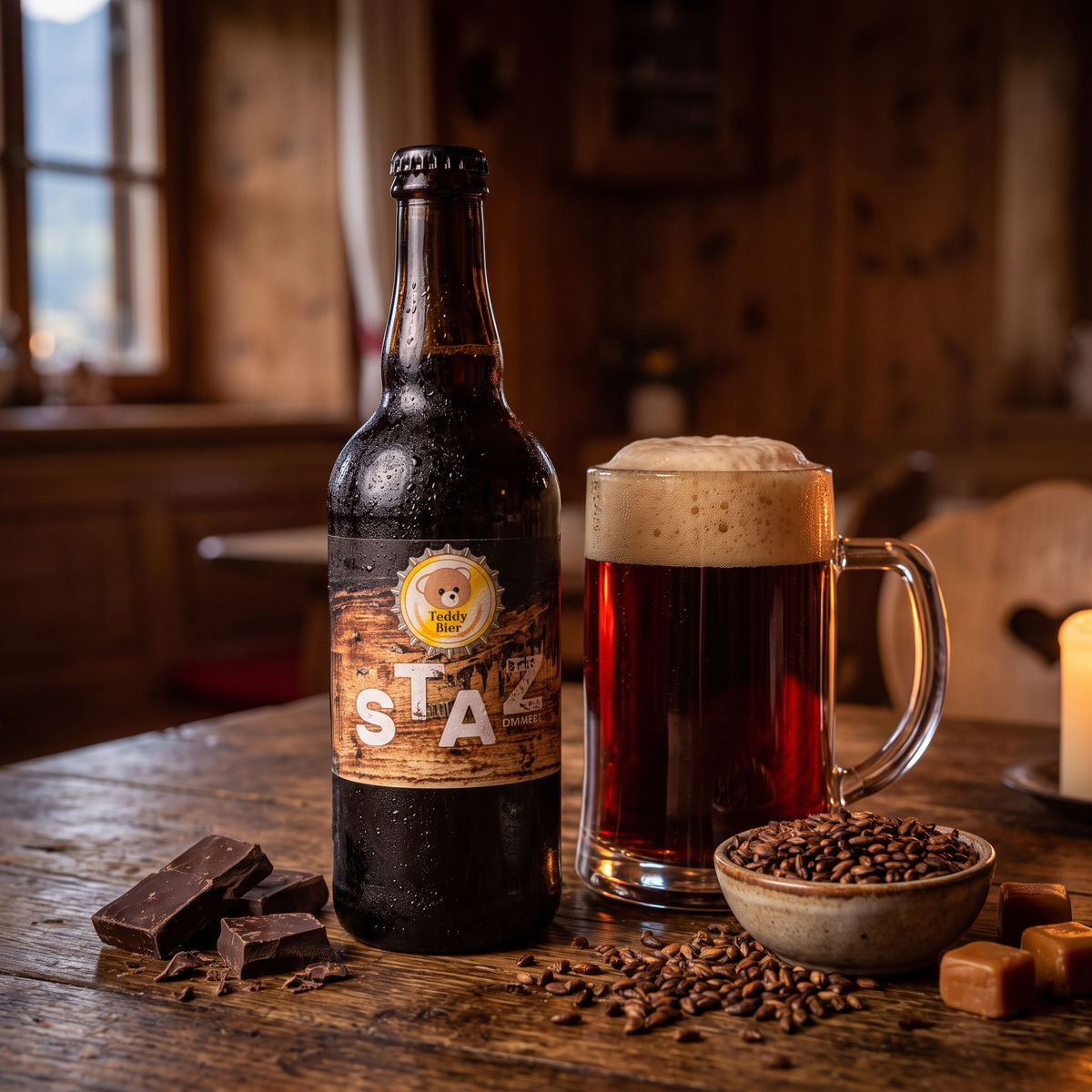 Staz Lager Dunkel: bottiglia e boccale con cioccolato e malto tostato