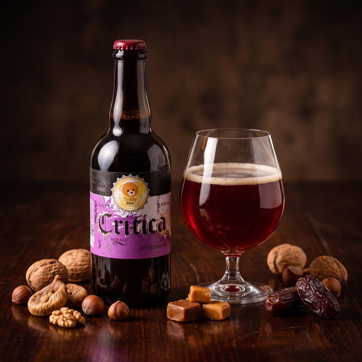 Cri-tica Strong Ale: bottiglia e calice rosso rubino con frutta secca e toffee