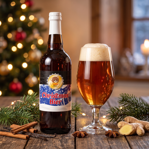 Christmas Bier: bottiglia e calice con cannella, vaniglia e zenzero