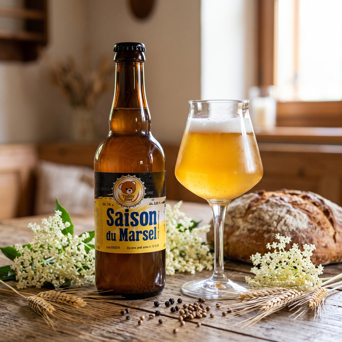 Saison du Marsel: bottiglia e bicchiere con fiori di sambuco e spezie