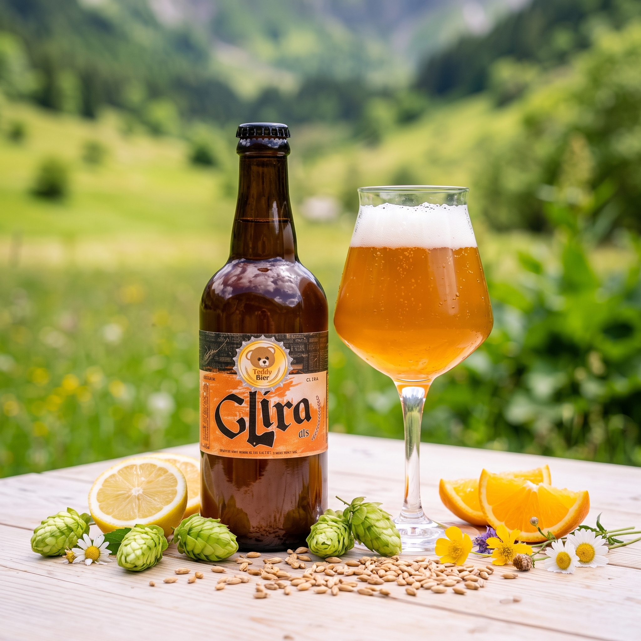 Glira Pale Ale: bottiglia e bicchiere con luppolo, agrumi e fiori
