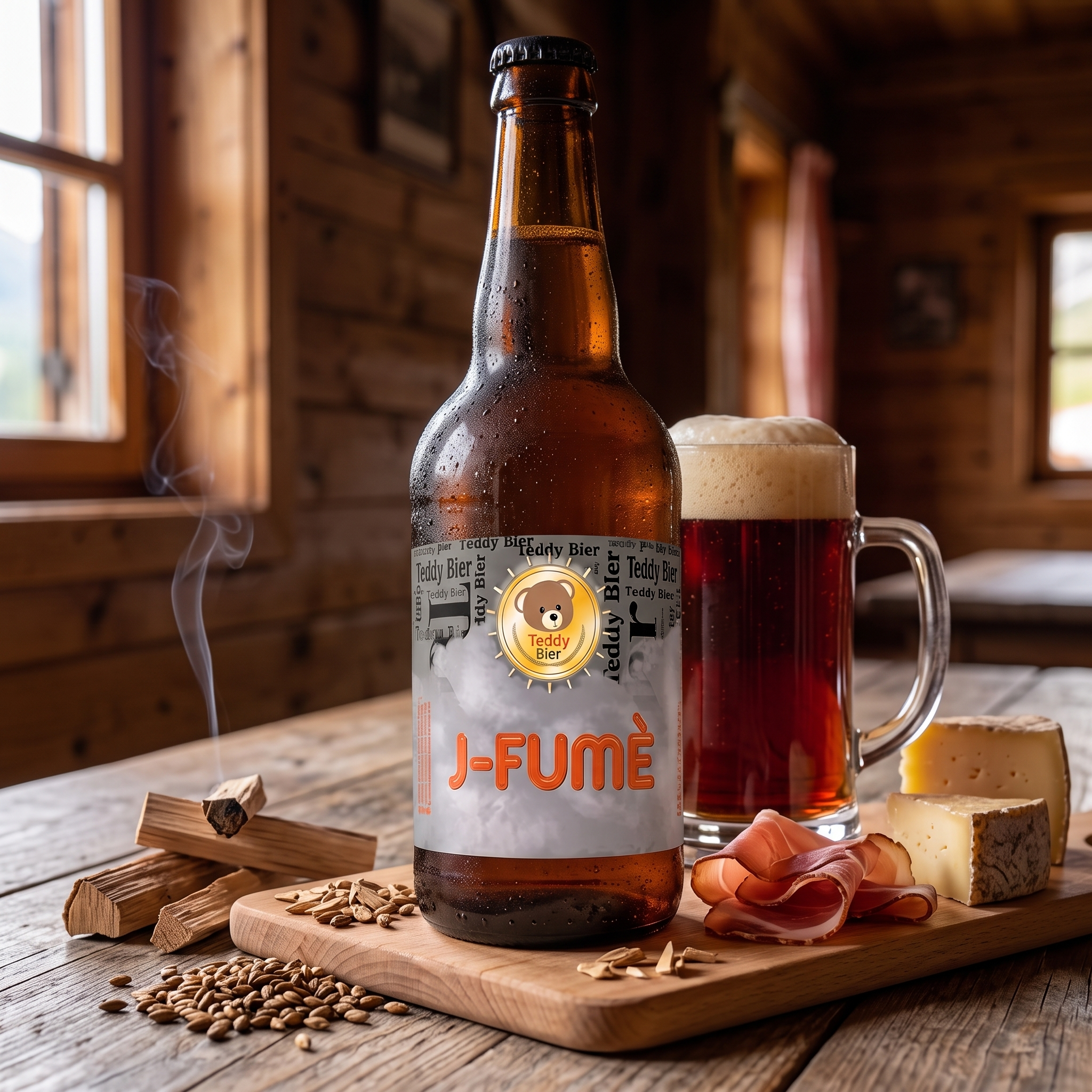 J-Fumè Lager affumicata: bottiglia e boccale con speck e legno di faggio