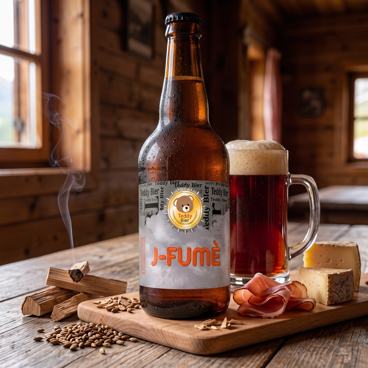 J-Fumè Lager affumicata: bottiglia e boccale con speck e legno di faggio