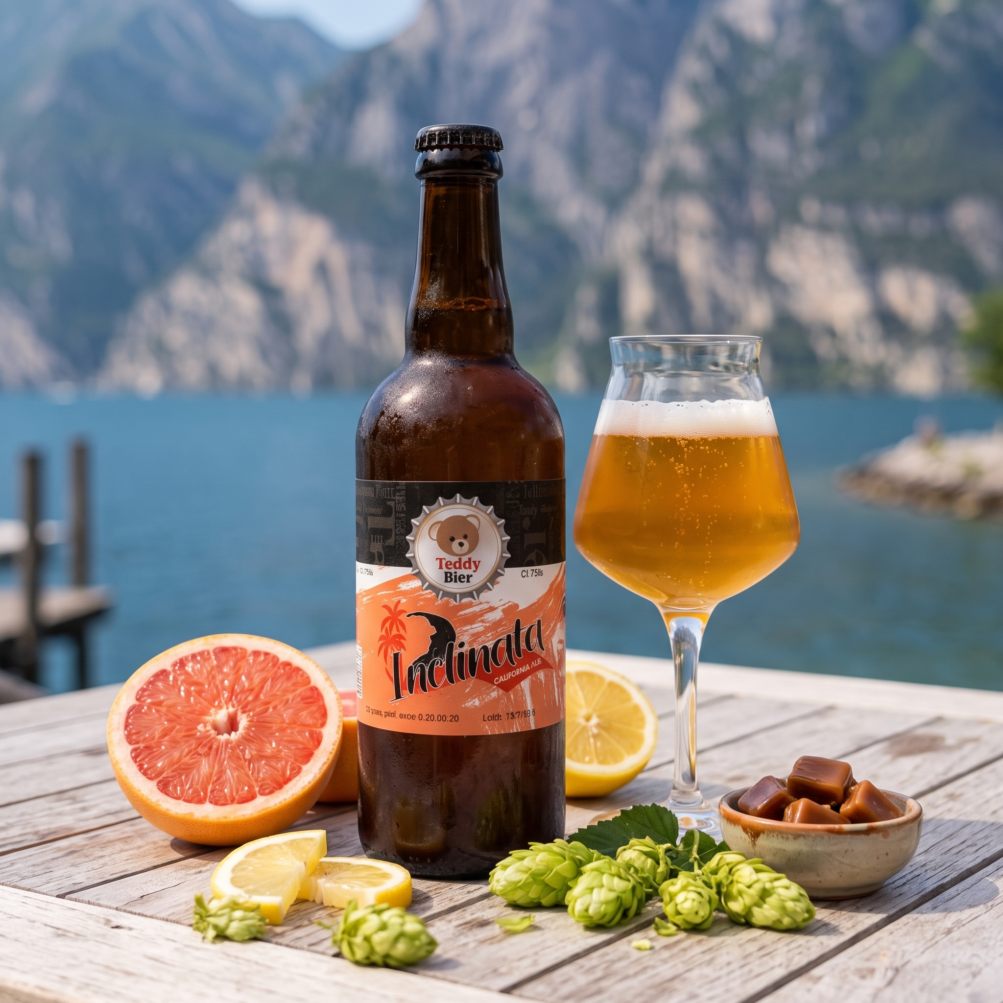 Inclinata West Coast Ale: bottiglia e bicchiere con pompelmo e limone sul Lago di Garda