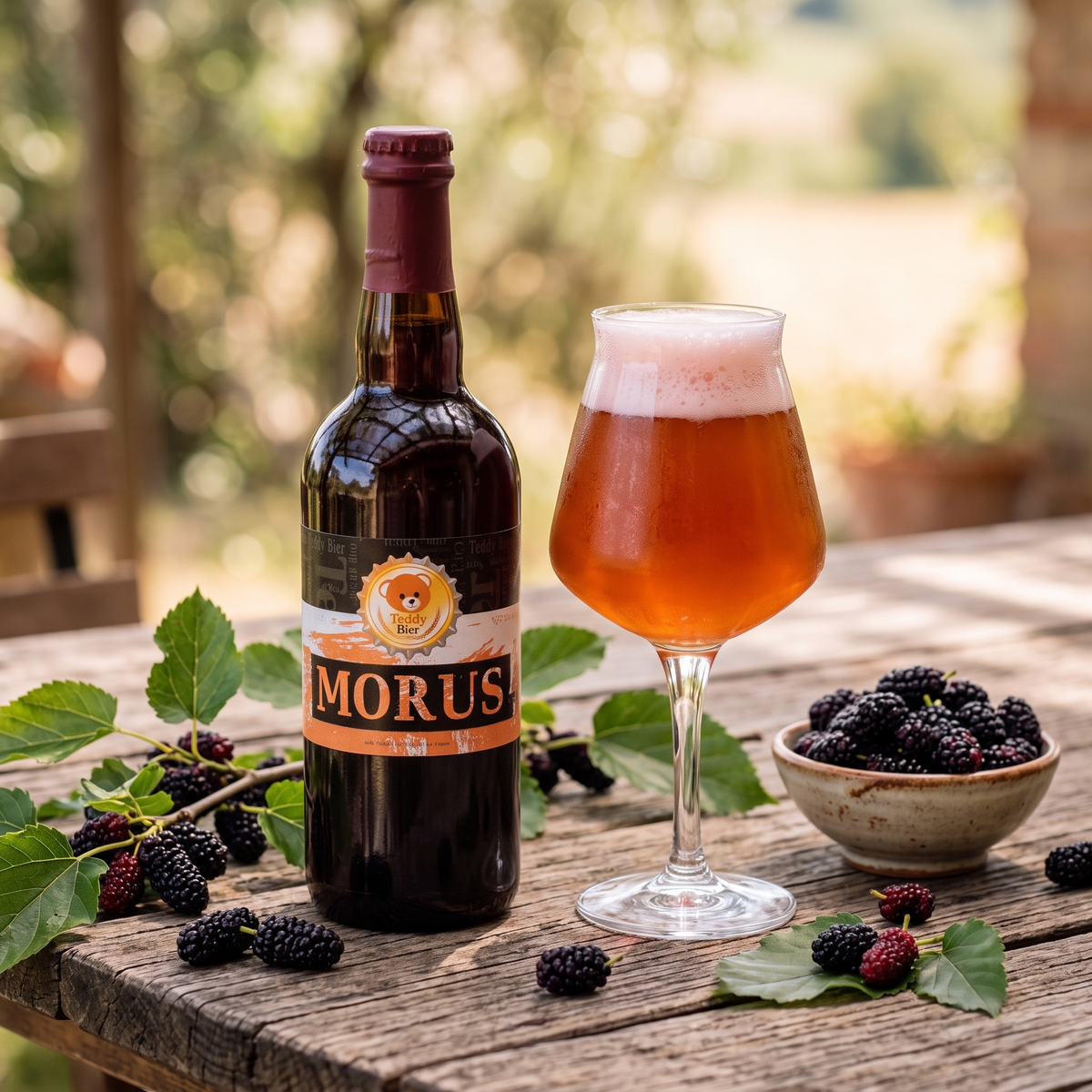 Morus Saison: bottiglia e bicchiere con more di gelso