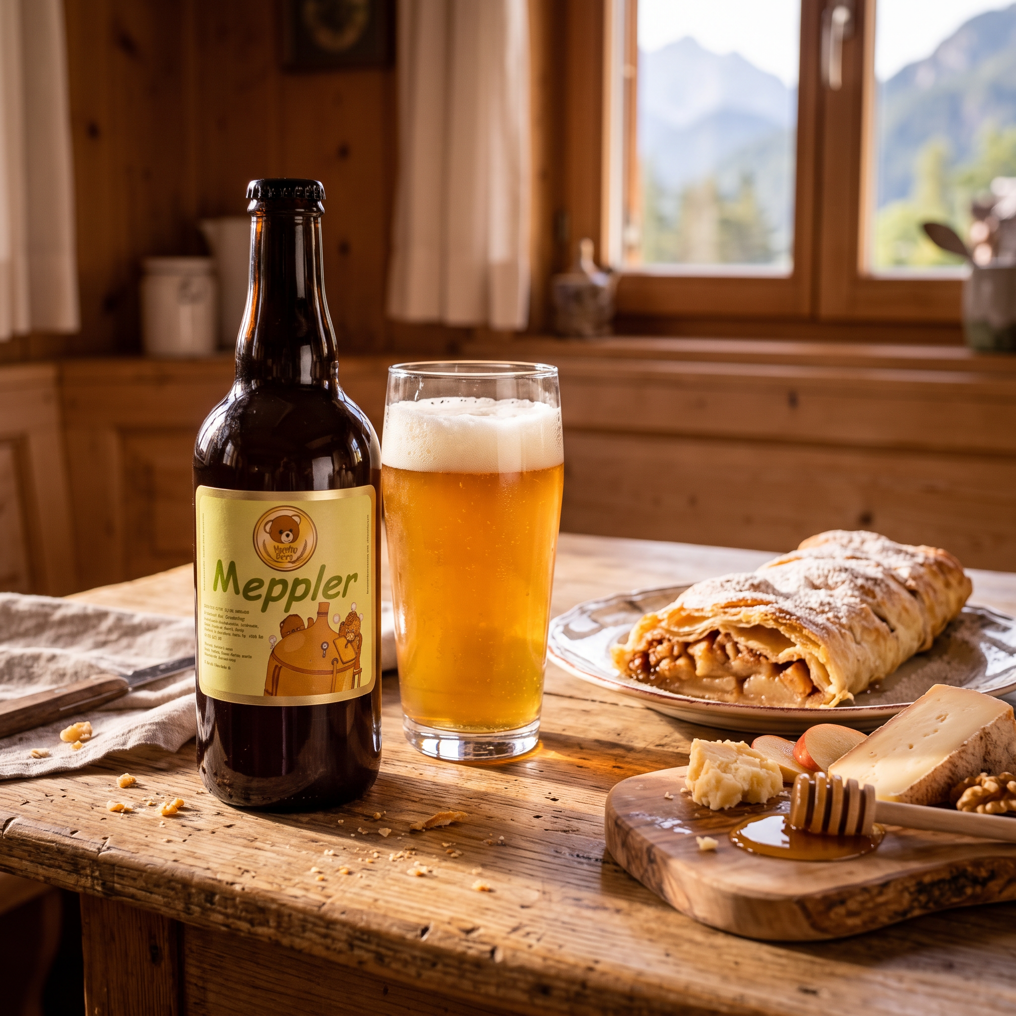Meppler in abbinamento a strudel di mele e formaggio con miele