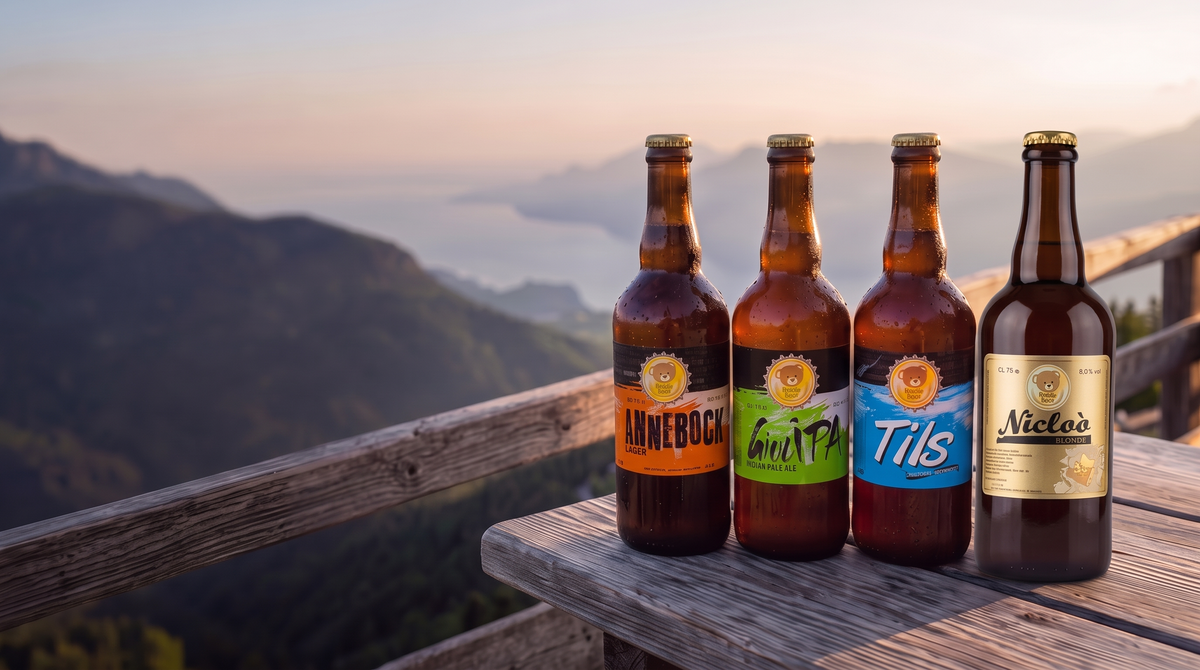 Annebock, Giulipa, Tils e Nicloò su una terrazza in legno sopra il Lago di Garda al tramonto