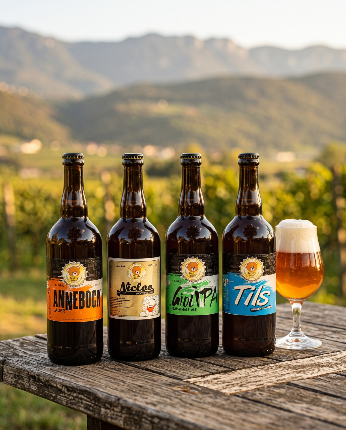Birre TeddyBier su un tavolo in Vallagarina con vigneti e Monte Baldo