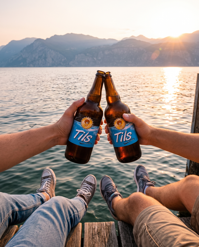 Brindisi con due Tils su un pontile del Lago di Garda