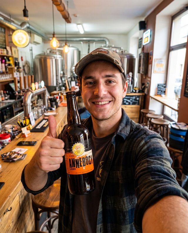 Selfie al bancone del birrificio con Annebock